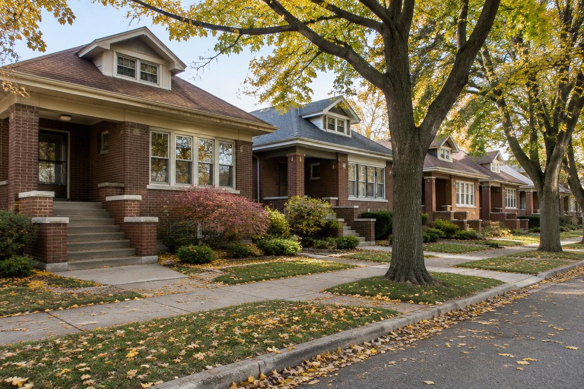 Row of brick bungalows with front porches on a tree-lined residential street in autumn