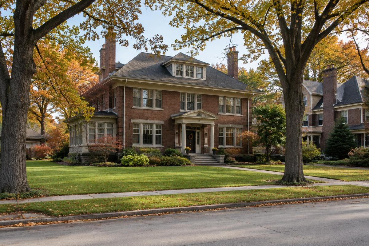 Large early twentieth-century detached brick house with a deep lawn and mature trees