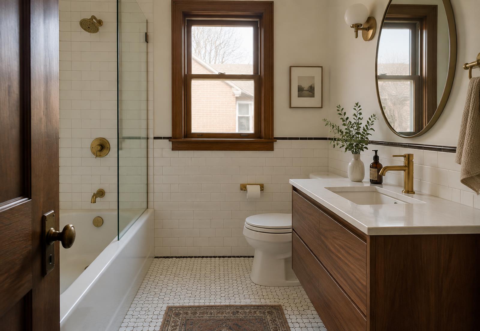 Renovated bungalow-style bathroom with white subway tile wainscot, hex mosaic floor and a walnut vanity